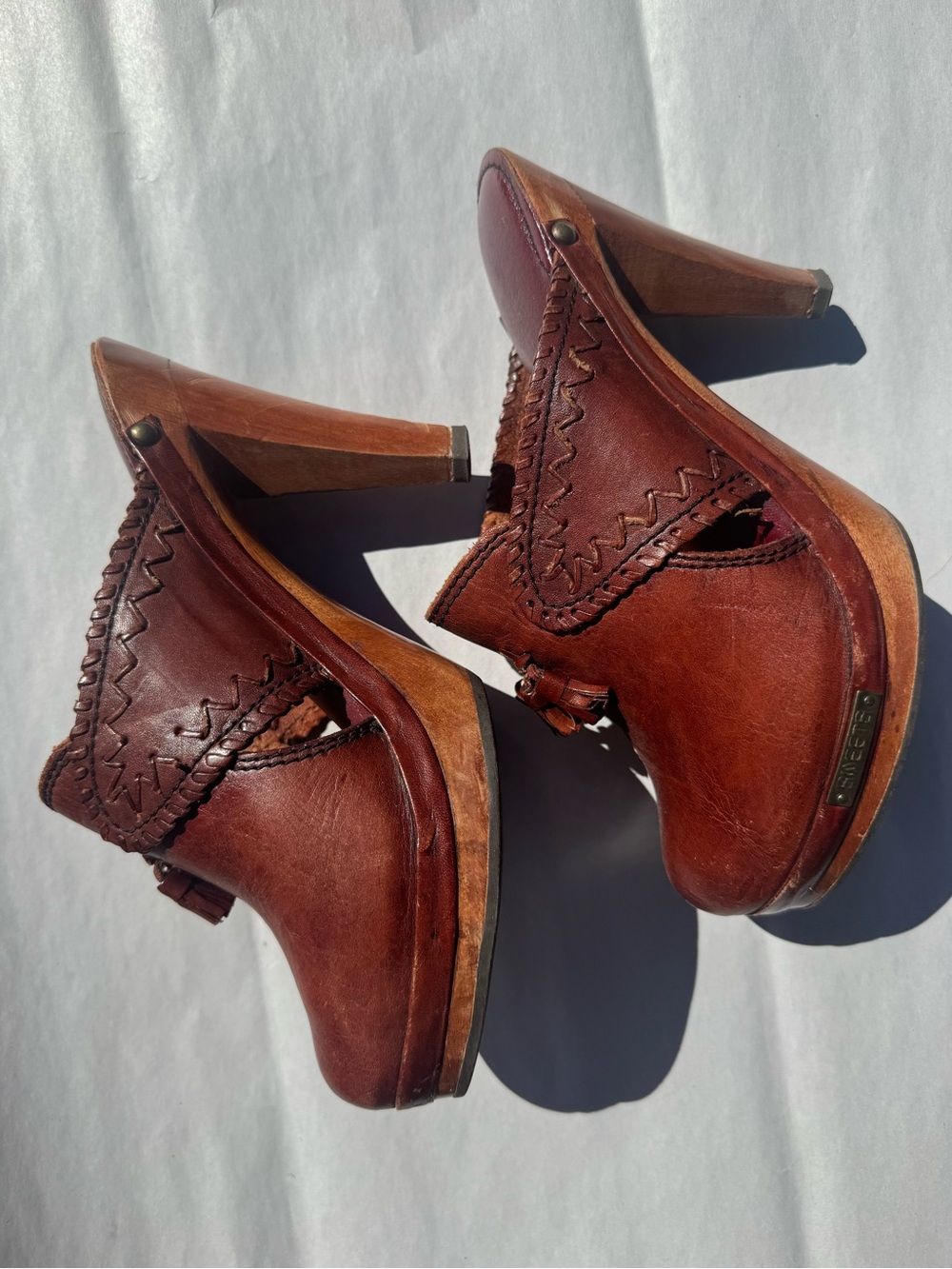 Vintage 70’s Leather and Wooden High Heeled Clogs by Sweet Step